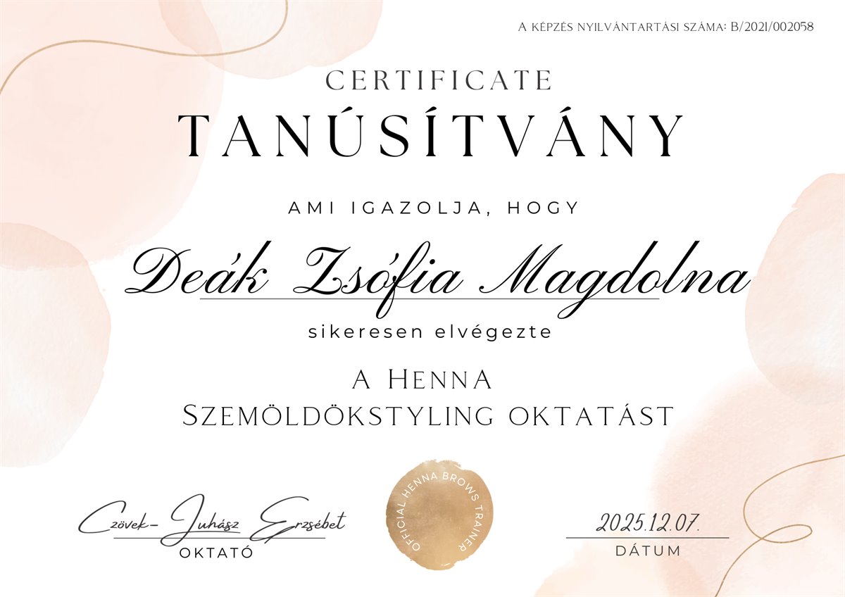 Henna szemöldökstyling tanúsítvány Deák Zsófia nevére