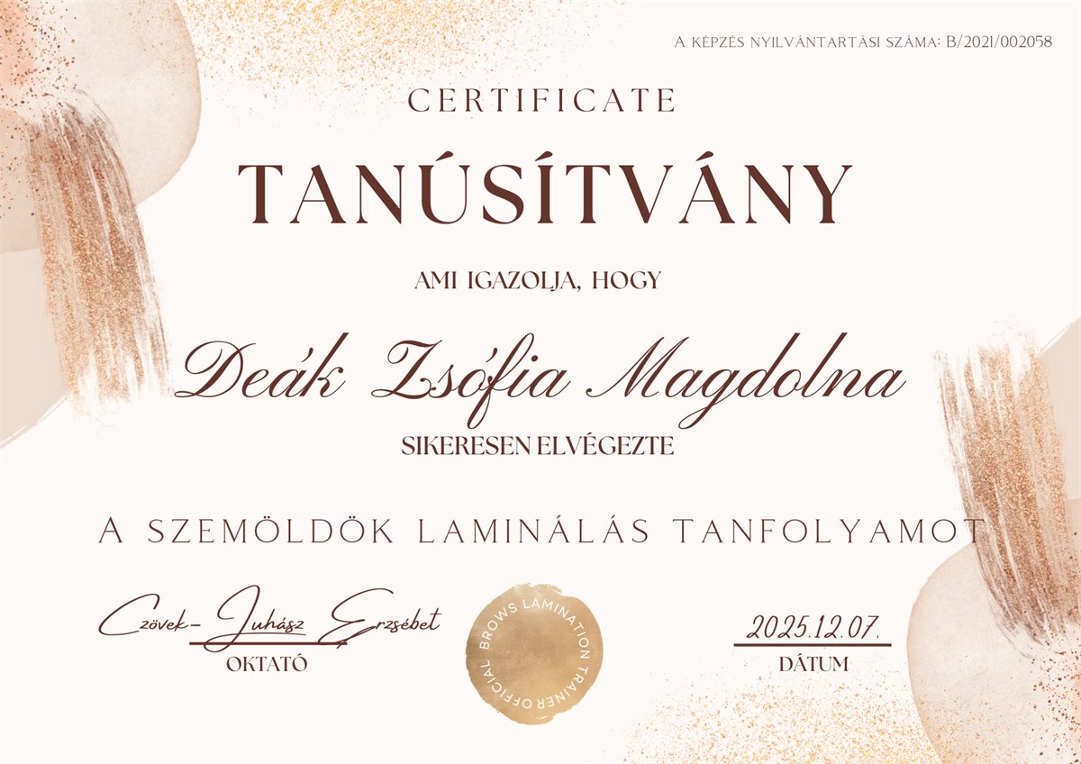 Szemöldök laminálás tanúsítvány Deák Zsófia nevére