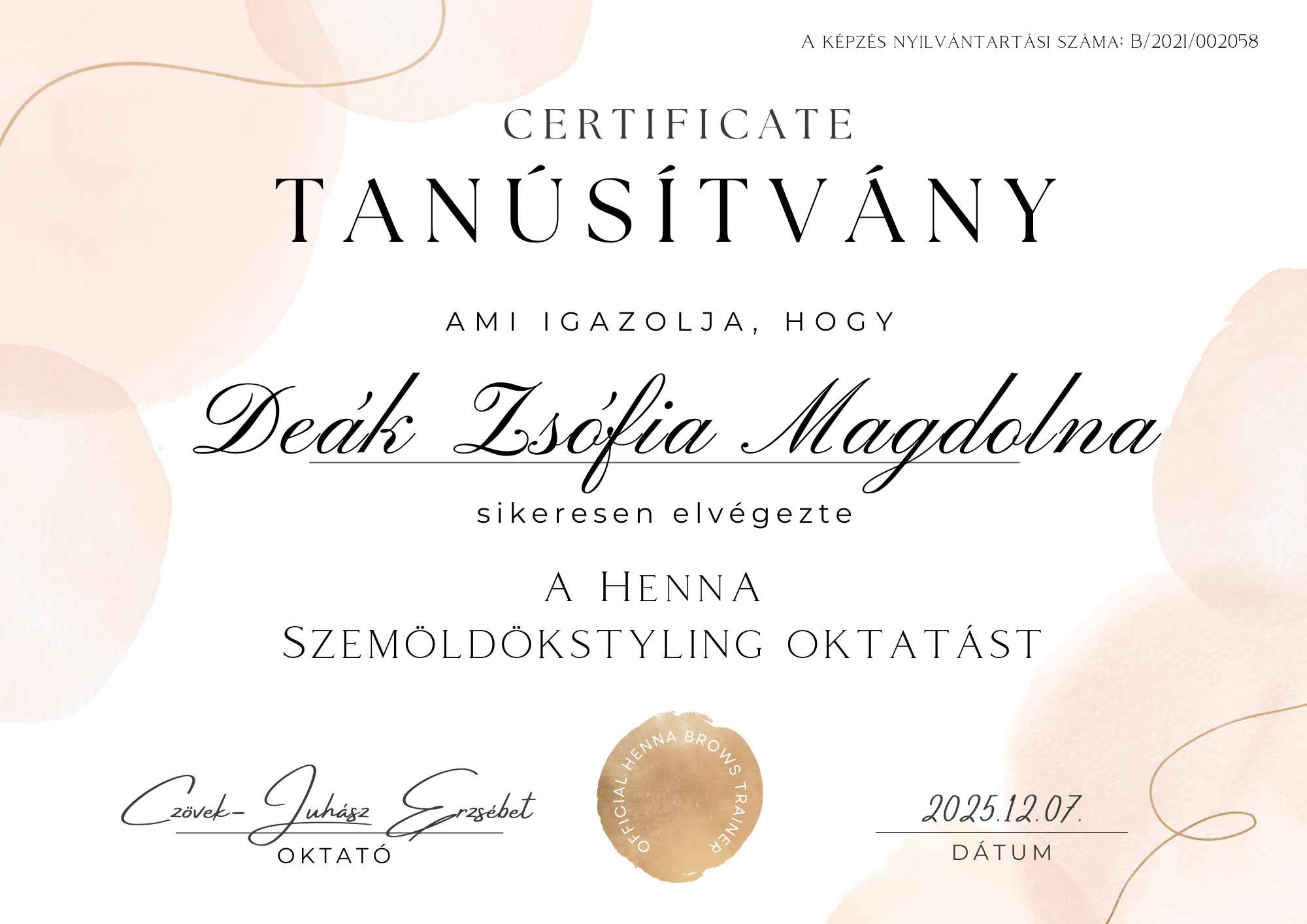 Henna szemöldökstyling tanúsítvány Deák Zsófia nevére