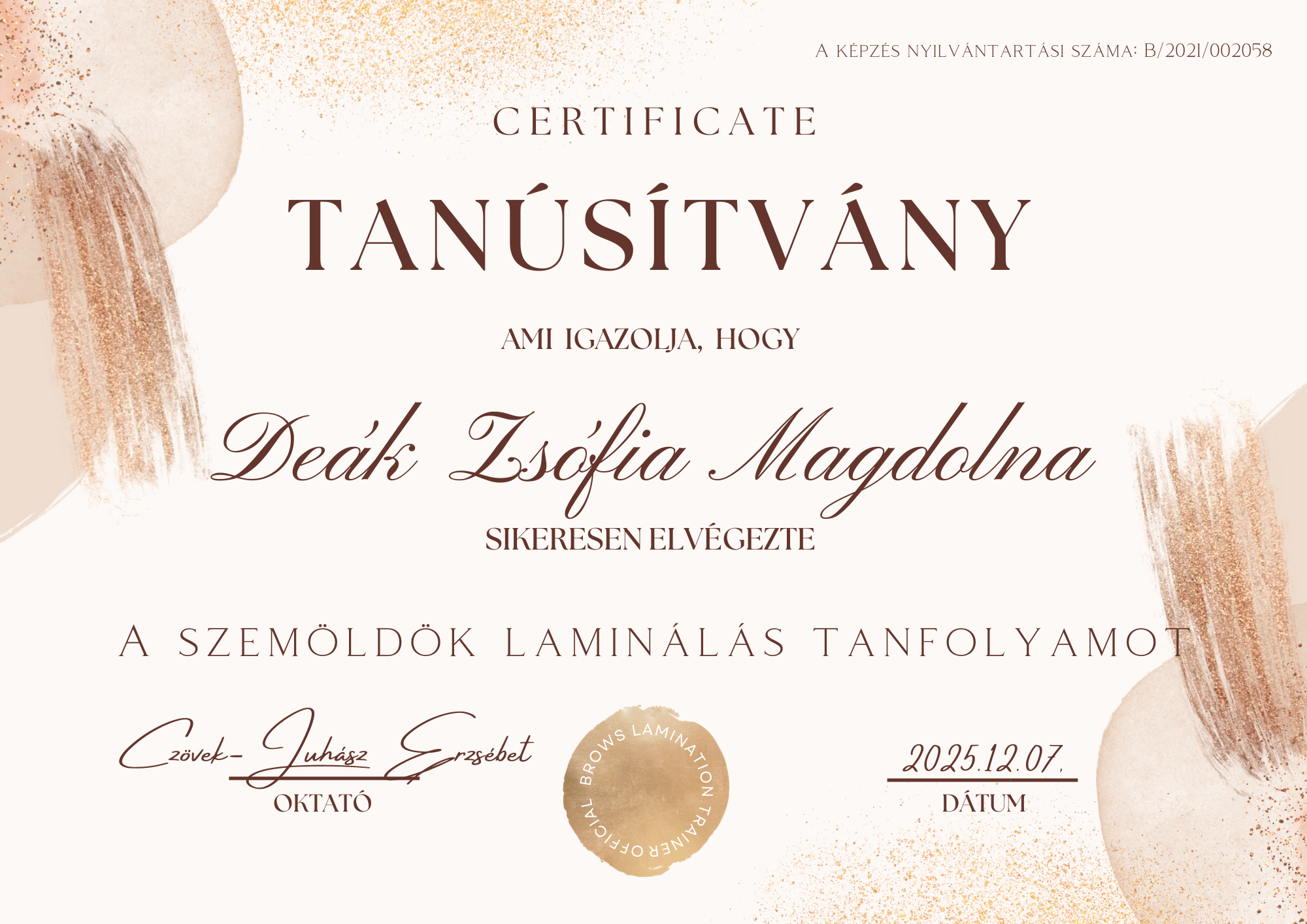 Szemöldök laminálás tanúsítvány Deák Zsófia nevére