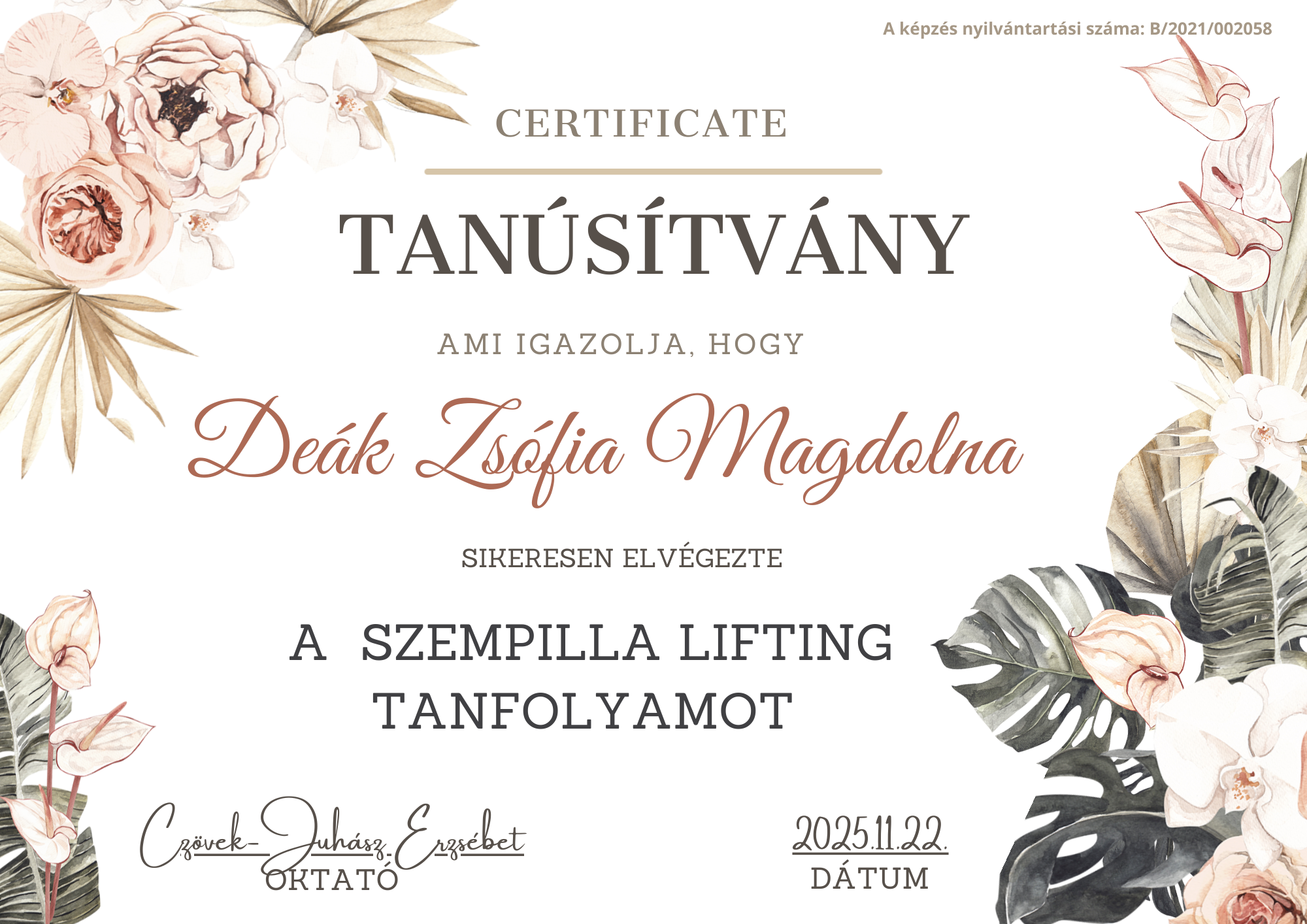 Szempilla lifting tanúsítvány Deák Zsófia nevére